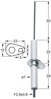 Tændelektrode L1 50mm med flange Tilslutning F 2,8x0,8mm D1 ø 7mm FL 23mm FB 15mm