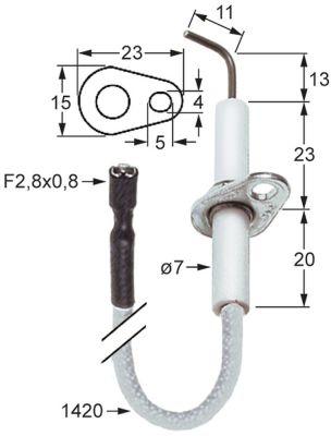 Tændelektrode L1 13mm L2 11mm med flange Tilslutning F 2,8x0,8mm Kabellængde 1420mm