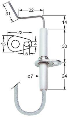 Tændelektrode L1 14mm L2 22mm L3 31mm med flange Kabellængde 1400mm D1 ø 7mm FL 23mm FB 15mm