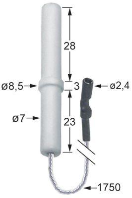 Tændelektrode til klemning Kabellængde 1750mm D1 ø 7mm D2 ø 85mm EL1 28mm EL2 3mm EL3 23mm