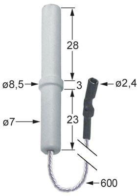 Tændelektrode til klemning Kabellængde 600mm D1 ø 7mm D2 ø 85mm EL1 28mm EL2 3mm EL3 23mm