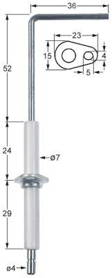 Tændelektrode L1 52mm L2 36mm med flange D1 ø 7mm FL 23mm FB 15mm EL1 24mm EL2 29mm