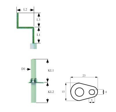 Tændelektrode L1 25mm L2 14mm L4 15mm D1 ø 7mm FL 23mm FB 15mm EL1 22mm EL2 34mm