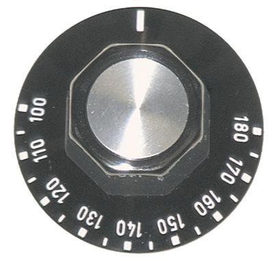 Knap Termostat T.maks. 180°C ø 50mm Akse ø 6x4,6mm Udglatning oppe sort Arbejdsområde 100-180