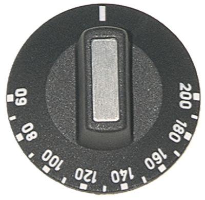 Knap Termostat T.maks. 200°C ø 50mm Akse ø 6x4,6mm Udglatning oppe sort Arbejdsområde 60-200°