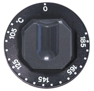 Knap Termostat T.maks. 185°C ø 70mm Akse ø 6x4,6mm Udglatning oppe sort Arbejdsområde 105-185