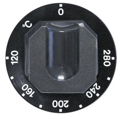 Knap Termostat T.maks. 280°C ø 70mm Akse ø 6x4,6mm Udglatning oppe sort Arbejdsområde 120-280