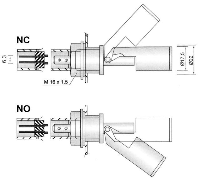 Svømmekontakt Gevind M16x1,5 1NO eller 1NC ø 175mm 250V L 96mm Indbygning ø 19mm 5A