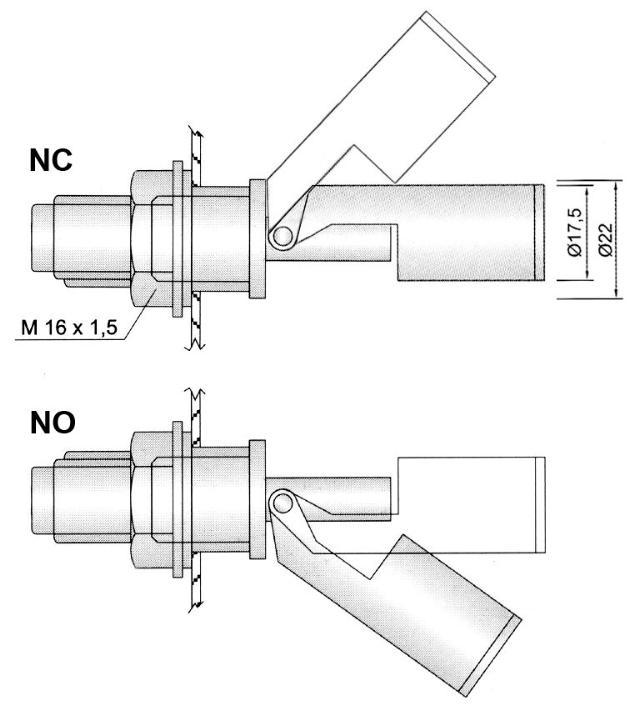 Svømmekontakt Gevind M16x1,5 1NO eller 1NC ø 174mm 250V Kabellængde 2000mm L 98mm Indbygning ø 