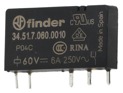 Printrelæ FINDER  - ved 250V 6A 1CO Tilslutning Stifter Spoletype 60V/DC Modulmål  -mm