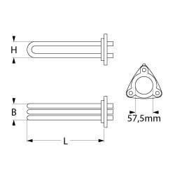 Varmelegeme 3000W 230V L 330mm 3-hulsflange Tilslutning Fladstik 6,3 mm Rør ø 625mm VK 1