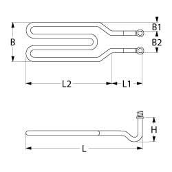 Varmelegeme 2200W 220V L 403mm L1 124mm L2 279mm B1 27mm B2 84mm 2-huls fastgørelse Tilslutning M5