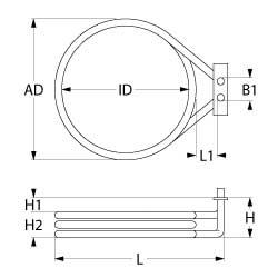 Varmelegeme 2450W 230V L 225mm L1 12mm H1 10mm H2 20mm Firkantflange Tilslutning Fladstik 6,3 mm