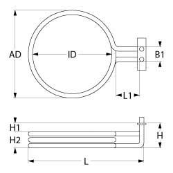 Varmelegeme 2500W 230V L 234mm L1 42mm B1 31mm H1 12mm H2 23mm Flange 70 x 22 mm