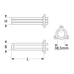 Varmelegeme 2800W 230V L 300mm 3-hulsflange Tilslutning Fladstik 6,3 mm Rør ø 63mm VK 2