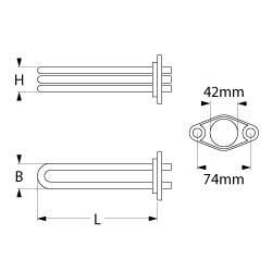 Varmelegeme 2400W 230V L 248mm 2-huls flange Tilslutning M4 VK 2 LA 75mm H 25mm