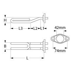 Varmelegeme 2300W 220V L 240mm L1 35mm L2 35mm L3 170mm H1 8mm H2 23mm 2-huls flange