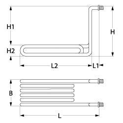 Varmelegeme 2185W 230V L 325mm L1 29mm L2 292mm H1 275mm H2 42mm 2-huls fastgørelse Tilslutning M5