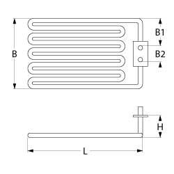 Varmelegeme 1100W 230V L 446mm B1 47mm B2 32mm Firkantflange Tilslutning Fladstik 6,3 mm