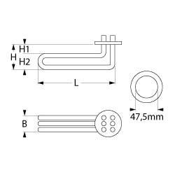 Varmelegeme 2700W 230V L 257mm H1 11mm H2 34mm Rundflange Tilslutning Fladstik 6,3 mm Rør ø 63mm