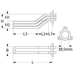 Varmelegeme 6000W 230V L 360mm L1 35mm L2 70mm L3 255mm H1 27mm H2 28mm 3-hulsflange