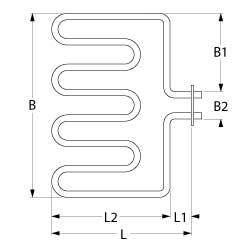 Varmelegeme 1500W 230V L 223mm L1 12mm L2 211mm B1 200mm B2 30mm Firkantflange Tilslutning M4