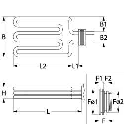 Varmelegeme 6800W 230/400V L 299mm L1 16mm L2 283mm B1 30mm B2 77mm Drejeflange