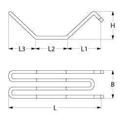 Varmelegeme 1500W 230V L 350mm L1 130mm L2 110mm L3 110mm Tilslutning Fladstik 6,3 mm Gevind  -