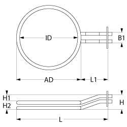 Varmelegeme 5666W 230V L 590mm L1 105mm B1 33mm H1 37mm H2 29mm Firkantflange Tilslutning M5