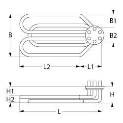 Varmelegeme 6000W 230V L 335mm L1 55mm L2 280mm B1 44mm B2 42mm H1 29mm H2 20mm