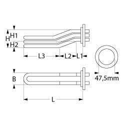 Varmelegeme 4980W 230V L 335mm L1 30mm L2 45mm L3 260mm H1 35mm H2 15mm Rundflange