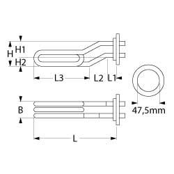 Varmelegeme 2800W 220V L 220mm L1 20mm L2 35mm L3 170mm H1 25mm H2 25mm Rundflange