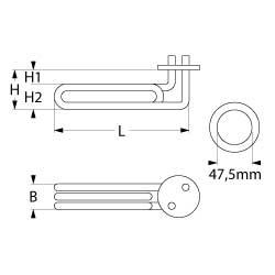 Varmelegeme 2800W 230V L 245mm H1 19mm H2 35mm Rundflange Tilslutning Fladstik 6,3 mm Rør ø 63mm