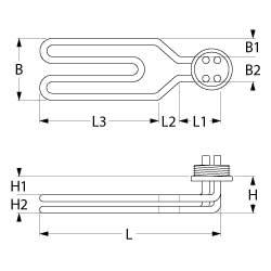 Varmelegeme 4500W 230V L 260mm L1 60mm L2 50mm L3 150mm B1 31mm B2 28mm H1 15mm H2 20mm