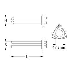 Varmeelementer 8000W 230V Indbygning ø 47,5mm VK 3 L 355mm B 35mm H 35mm THA 1 TH ø 7,5mm THL 185mm