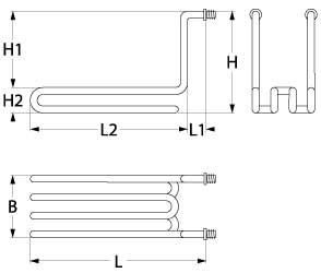 Varmelegeme 3000W 230V L 362mm L1 57mm L2 305mm H1 192mm H2 48mm 2-huls fastgørelse Tilslutning M5