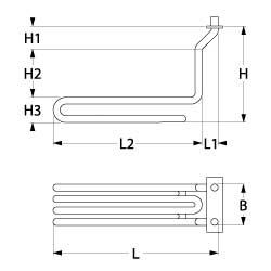 Varmelegeme 2900W 230V L 310mm L1 5mm L2 305mm H1 30mm H2 125mm H3 40mm Firkantflange