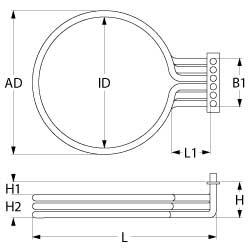 Varmelegeme 5400W 230V L 270mm L1 65mm B1 103mm H1 20mm H2 65mm Firkantflange Tilslutning M4