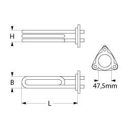 Varmelegeme 2500W 230V L 240mm 3-hulsflange Tilslutning Fladstik 6,3 mm Rør ø 65mm VK 1