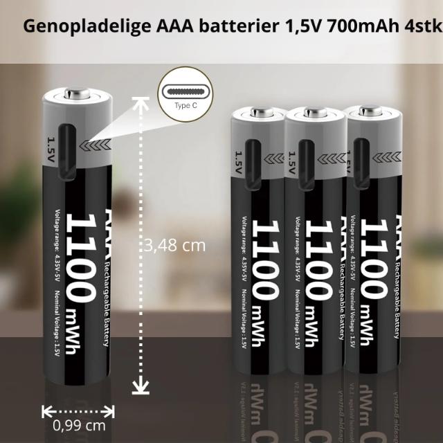 Genopladelige AAA batterier 1,5V 700mAh 4stk