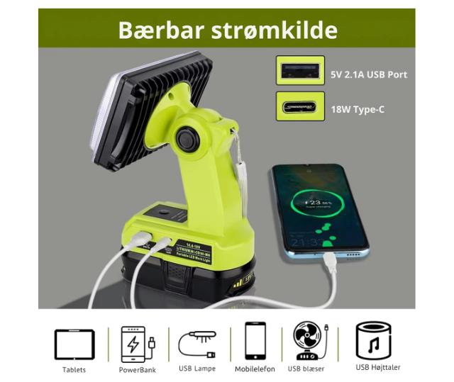 LED arbejdslampe til Ryobi ONE+ 14,4V og 18V batteri