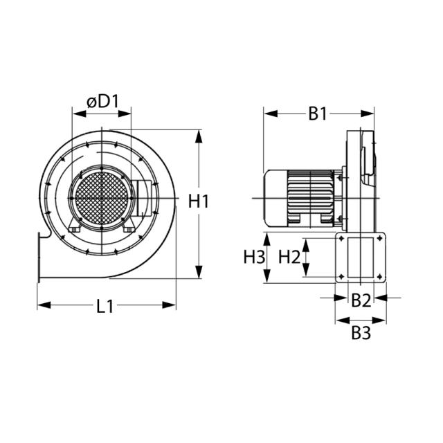 Radialventilator 55W 24V L1 180mm B1 112mm B2 40mm B3 83mm H1 180mm H2 45mm H3 83mm D1 ø 50mm