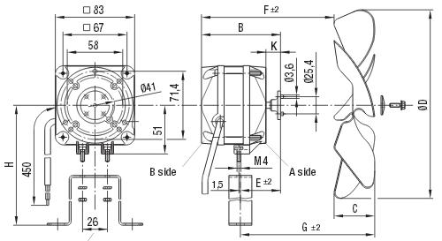 Ventilatormotor 10W 230V Kabellængde 450mm B 82mm E 42mm K 15mm 50Hz Udvendige mål 83x83mm