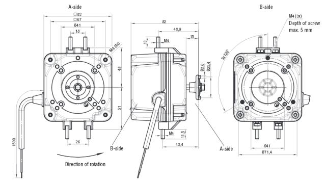 Ventilatormotor ebm-papst 10W 230V 1300o/min Leje Kugleleje L1 435mm L3 82mm Kabellængde 1500mm