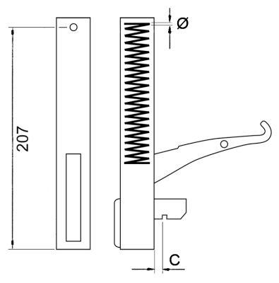 Bageovnshængsel L 214mm Laskeposition  - BA 205mm Fjederlængde 103mm Rilleafstand 13mm