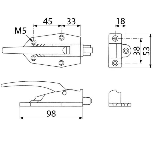 Lukkeanordning L 98mm B 53mm kan ikke lukkes Anslag venstre/højre BA1 38mm