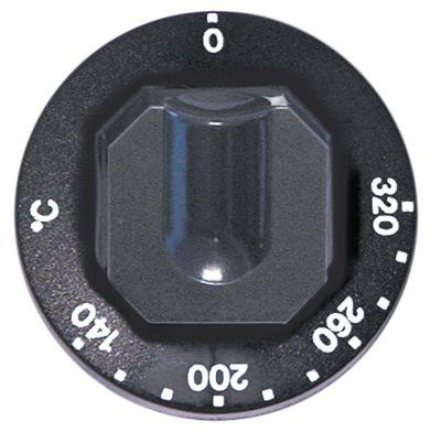 Knap Termostat T.maks. 320°C ø 70mm Akse ø 6x4,6mm Udglatning oppe sort Arbejdsområde 140-320